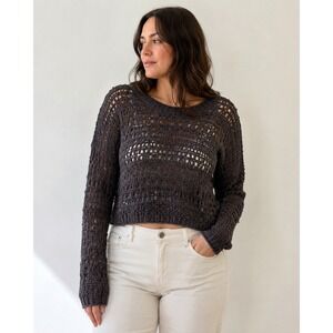 Chunky Knit Sweater Womens Large Brown Cropped Open Knit Decree